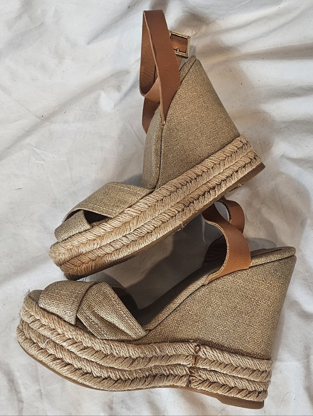Tory Burch Fabian Wedge Espadrille Sandals Size 6 Metallic Boho Chic Ankle Strap - Picture 6 of 14